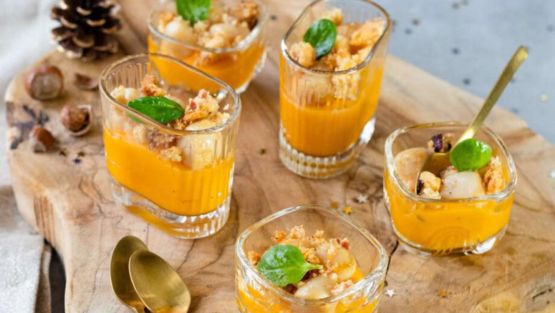 purée de courge, pétoncles, crumble salé