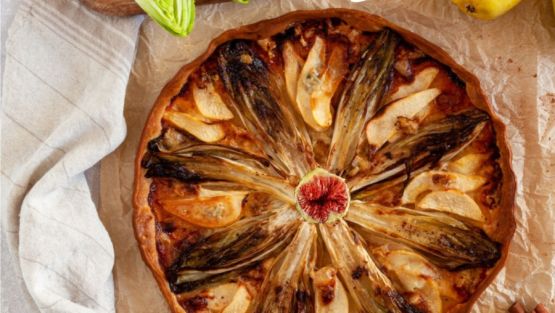 tarte endive, figue, poire, roquefort